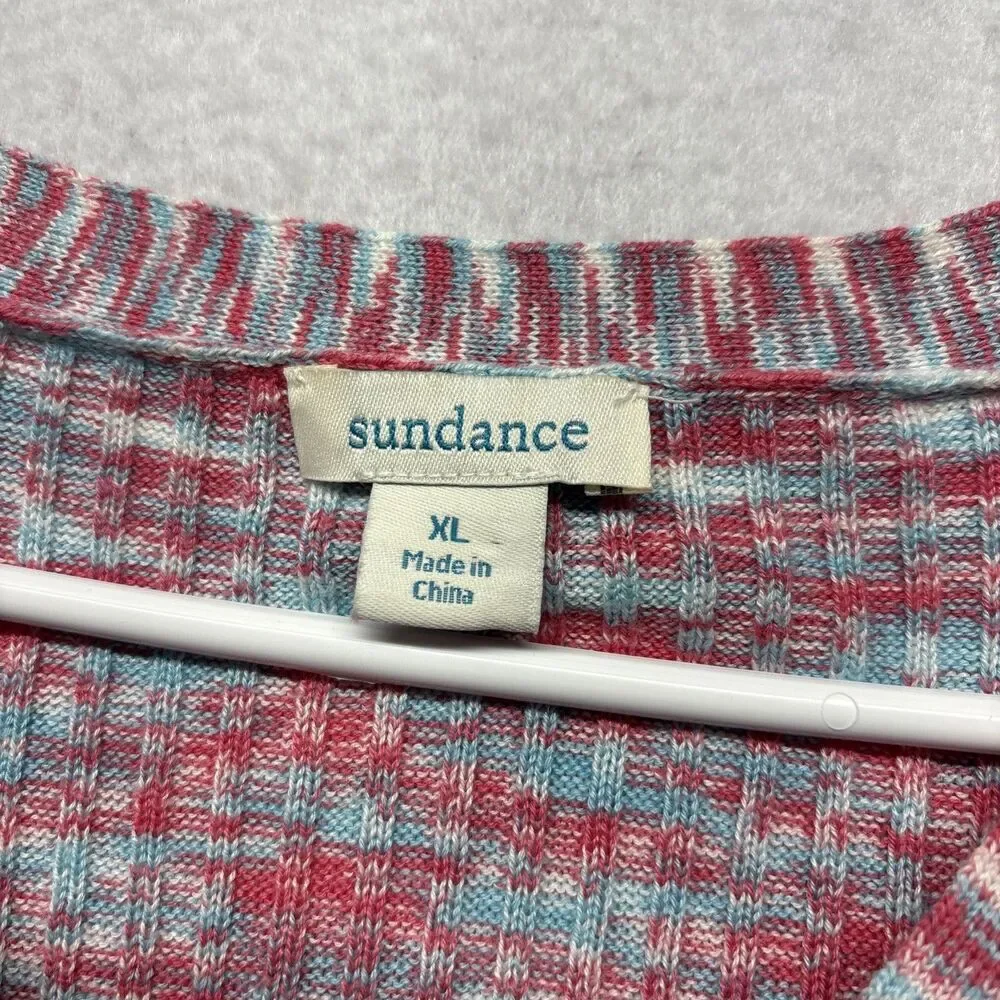 Sundance Sweater Pink Blue Ribbed Spacedye Knit Henley Women's Size XL Stretch
